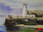 seascape, ireland, fingal, balbriggan, quay, lighthouse, boat, harbor, watercolor, painting, oberst